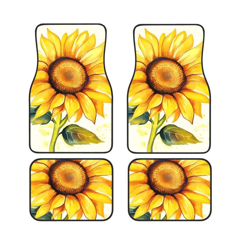 Auto-Fußmatten mit Aquarell-Sonnenblumen-Motiv, 4-teilig, universelle Auto-Fußmatten, Auto-Fußmatten-Set mit Aquarell-Sonnenblumen-Motiv, Gummi-Fußmatten für Autos, rutschfeste Auto-Fußpolster, Auto-T von Anceky