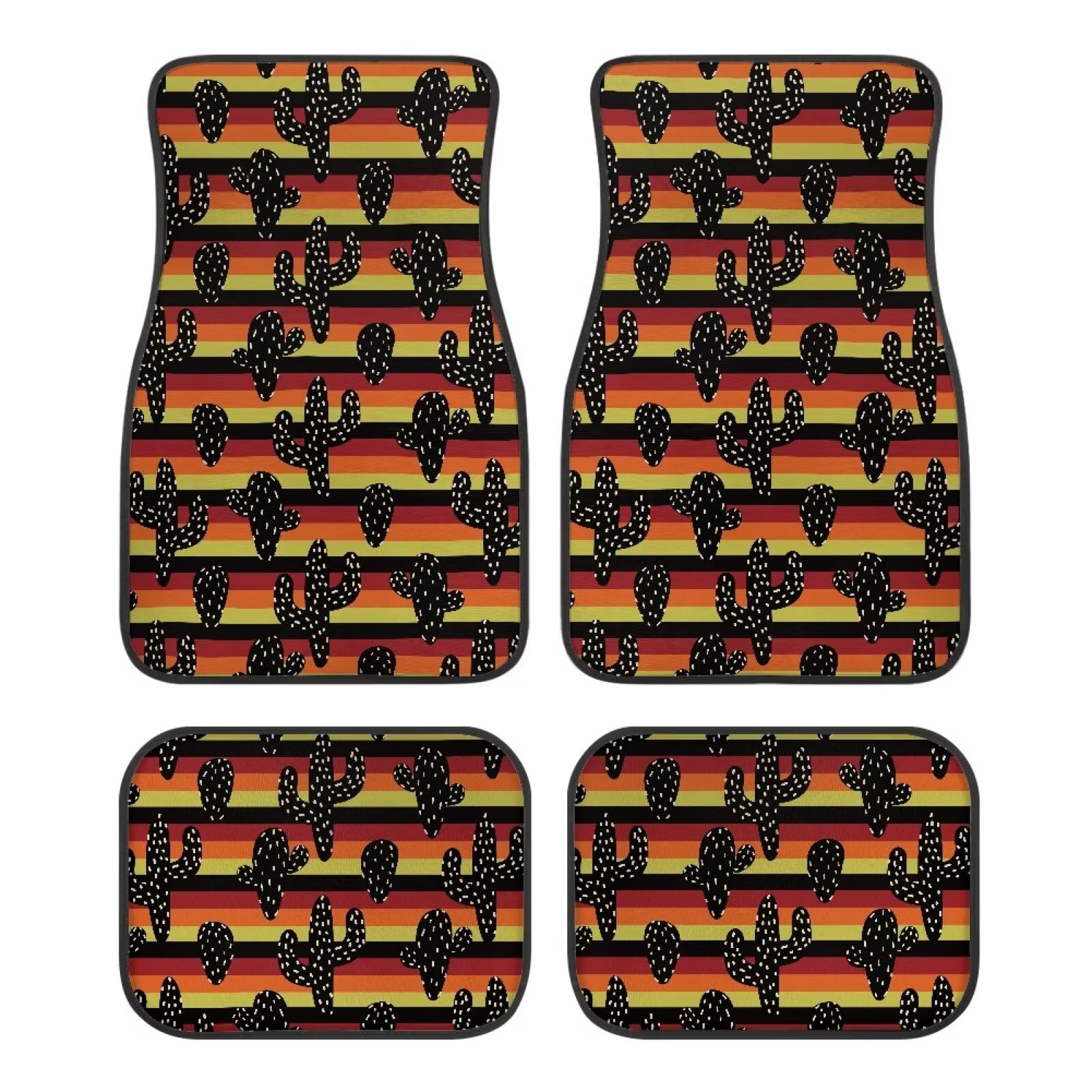 Bunte Streifen, schwarzer Kaktus. Bunte Streifen, schwarzer Kaktus-Druck. Bodenfußmatten für vorne und hinten, 4-teiliges Set, Autozubehör. Universelle Autobodenteppiche, dekorative Teppiche, Matten, Bunte Streifen, schwarzer Kaktus. Bunte Streifen, schwarzer Kaktus-Druck. Bodenfußmatten für vorne und hinten, 4-teiliges Set, Autozubehör. Universelle Autobodenteppiche, dekorative Teppiche, Matten, von Anceky