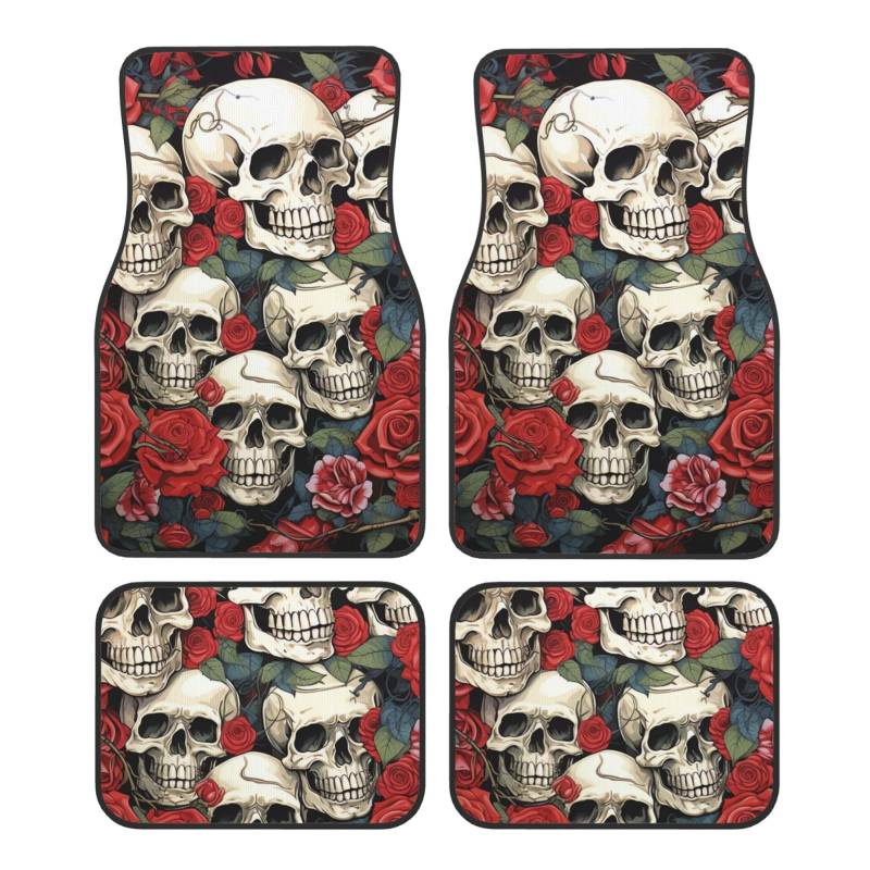 Coole Auto-Fußmatten mit Totenkopfkopf und Rosen, 4-teilig, universelle Auto-Fußmatten, Cooles Auto-Fußmatten-Set mit Totenkopfkopf und Rosen, Gummi-Fußmatten für Autos, rutschfeste Auto-Fußpolster, A von Anceky