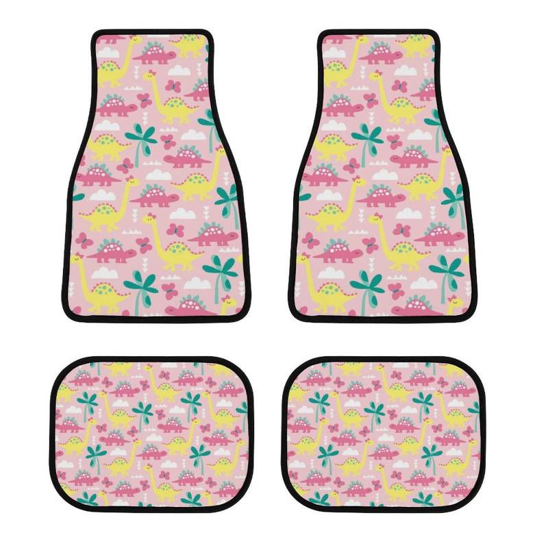 color4 Auto-Fußmatten-Komplettset, 4-teilig, vorne und hinten, rutschfeste Teppichmatten, Innendekor-Zubehör (rosa süße Dinosaurier) von Anceky