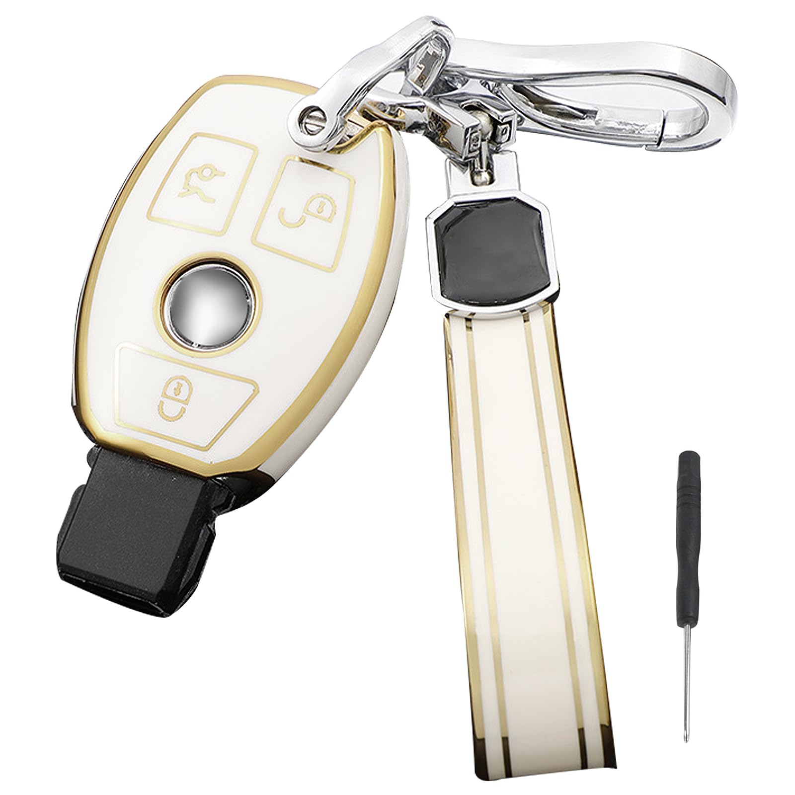 Anevios Autoschlüssel Hülle mit Schlüsselanhänger 3 Tasten Kompatibel mit Mercedes Benz A B C E S G M V Klasse CLA GLA GLC GLE GLK W204 W212 Tup Schlüsselcover Schutzhülle Schlüsselschutz Weiß von Anevios
