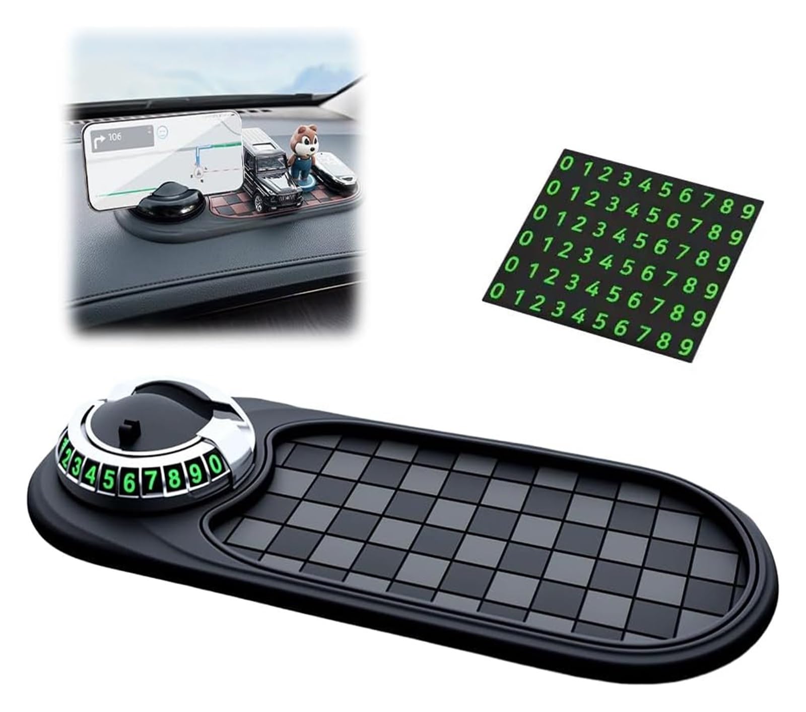 AngloCrate Multifunktions-Auto-Anti-Rutsch-Matte, drehbar, universal, rutschfest, Armaturenbrett-Handyhalter mit temporärer Parknummer (Schwarz2) von AngloCrate