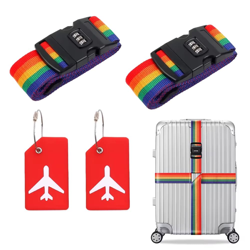 2 Stück Koffergurt mit Zahlenschloss - 200 * 5cm Kofferband mit 2 Stück Gepäckanhänger Set, Einstellbare Kreuz Koffer Gepäckgurte, Gepäckband für Koffer Gepäck Reisetasche (Regenbogenfarben) von Anicy