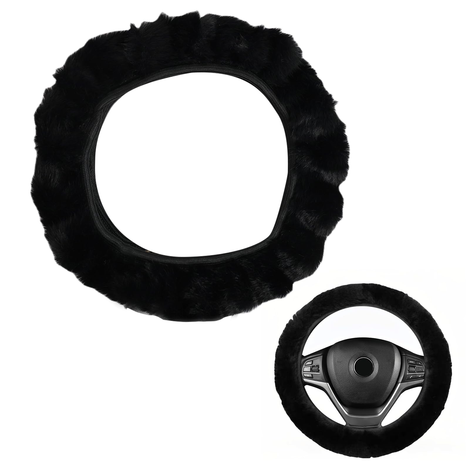 Lenkradabdeckung Plüsch Winter, Universal 36-49cm, Atmungsaktive und Bequeme Lenkradhülle, Auto Lenkradschutz Zubehör (Schwarz) von Anrbb