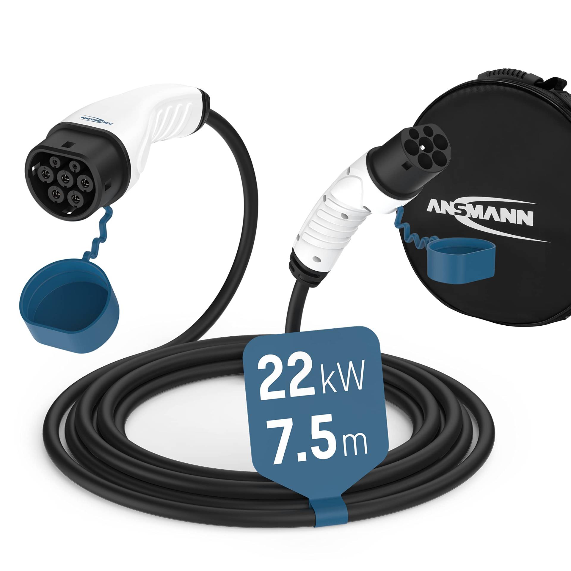 ANSMANN Ladekabel Typ 2 mit 22 kW für Hybrid- & Elektroauto / Typ2 Auto-Ladekabel 7,5 Meter, 3 phasig, kompatibel für E-Autos & Hybridautos, wie Tesla Model 3, e-Up, ID.3, ID.4, Zoe, EQ fortwo von Ansmann