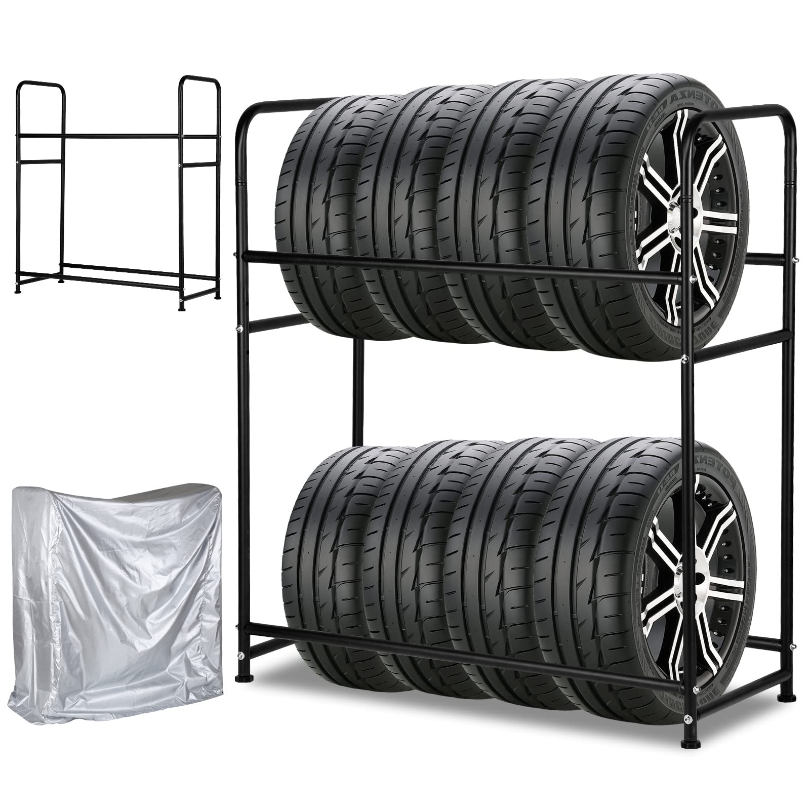 Ansobea Reifenregal für 8 Reifen Lagerregal | HxBxT 117x107x46 cm | Ladekapazität 180KG | mit Reifenschutzhülle | bis 240 mm Reifenbreite | Höhenverstellbar Reifenständer für Platzsparende Lagerung von Ansobea