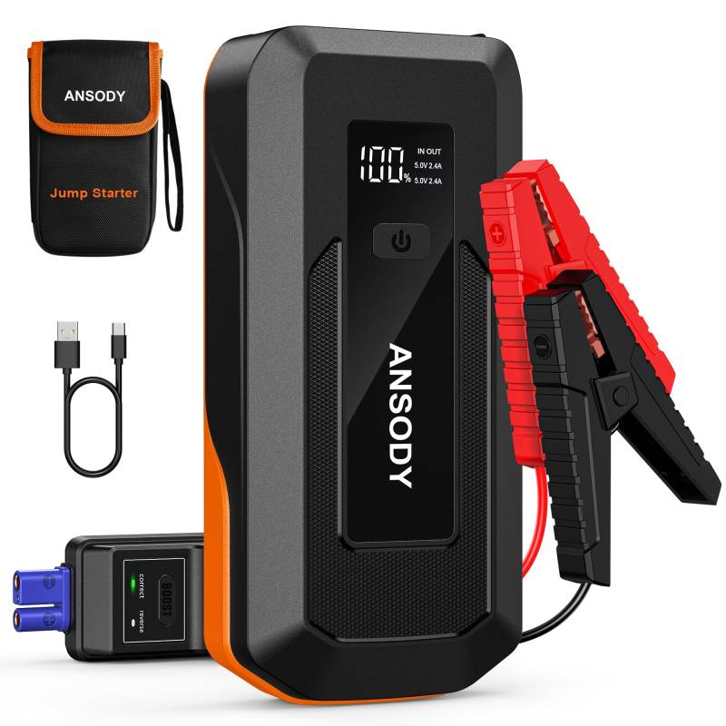 ANSODY Starthilfe Powerbank,3000A Auto Starthilfe Powerbank für 12V PKW Fahrzeuge(Bis zu 10L Benzin/8L Diesel),Starter Powerbank mit LED,Batterie Booster Jump Starter mit Starthilfekabel,Orange von Ansody