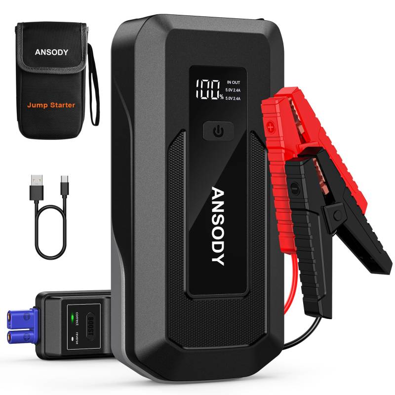 ANSODY 3000A Starthilfe Powerbank für Pkw (Bis zu 10L Benzin/8L Diesel), Auto 12V PKW Starter Powerbank mit LED,Batterie Booster Jump Starter Powerpack mit Starthilfekabel,Grau von Ansody
