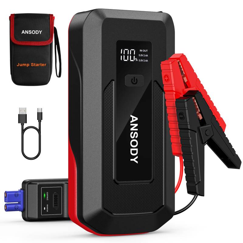 ANSODY Starthilfe Powerbank,3000A Auto Starthilfe Powerbank für 12V PKW Fahrzeuge(Bis zu 10L Benzin/8L Diesel),Starter Powerbank mit LED,Batterie Booster Jump Starter mit Starthilfekabel,Rot von Ansody