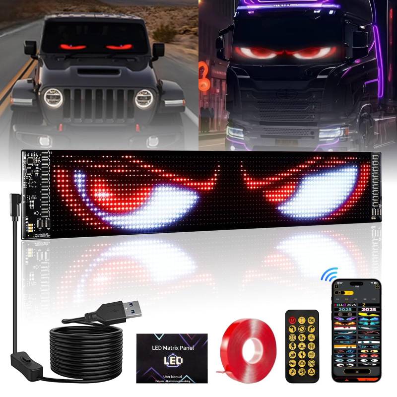 Devil Eyes LED Augen für LKW, LED Anzeige für Auto Programmierbare Bluetooth App DIY Personalisierte Leuchtreklame, Dynamische Led Bunter Weicher Bildschirm USB 5V Teufelsauge LKW (12 x 59,5 cm) von Aofesel
