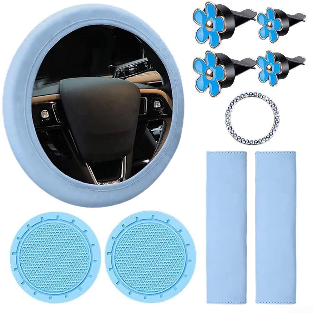 10-teiliges Auto-Innenzubehör-Set, Lenkradbezug, Sicherheitsgurtabdeckungen, Lüftungsschlitz-Clips und Schlüsselanhänger für ein individuelles Fahrerlebnis (blau) von Aprilsunnyzone