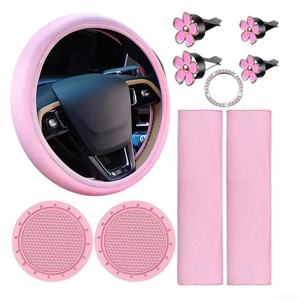 10-teiliges Auto-Innenzubehör-Set, Lenkradbezug, Sicherheitsgurtabdeckungen, Lüftungsschlitz-Clips und Schlüsselanhänger für ein personalisiertes Fahrerlebnis (Rosa) von Aprilsunnyzone