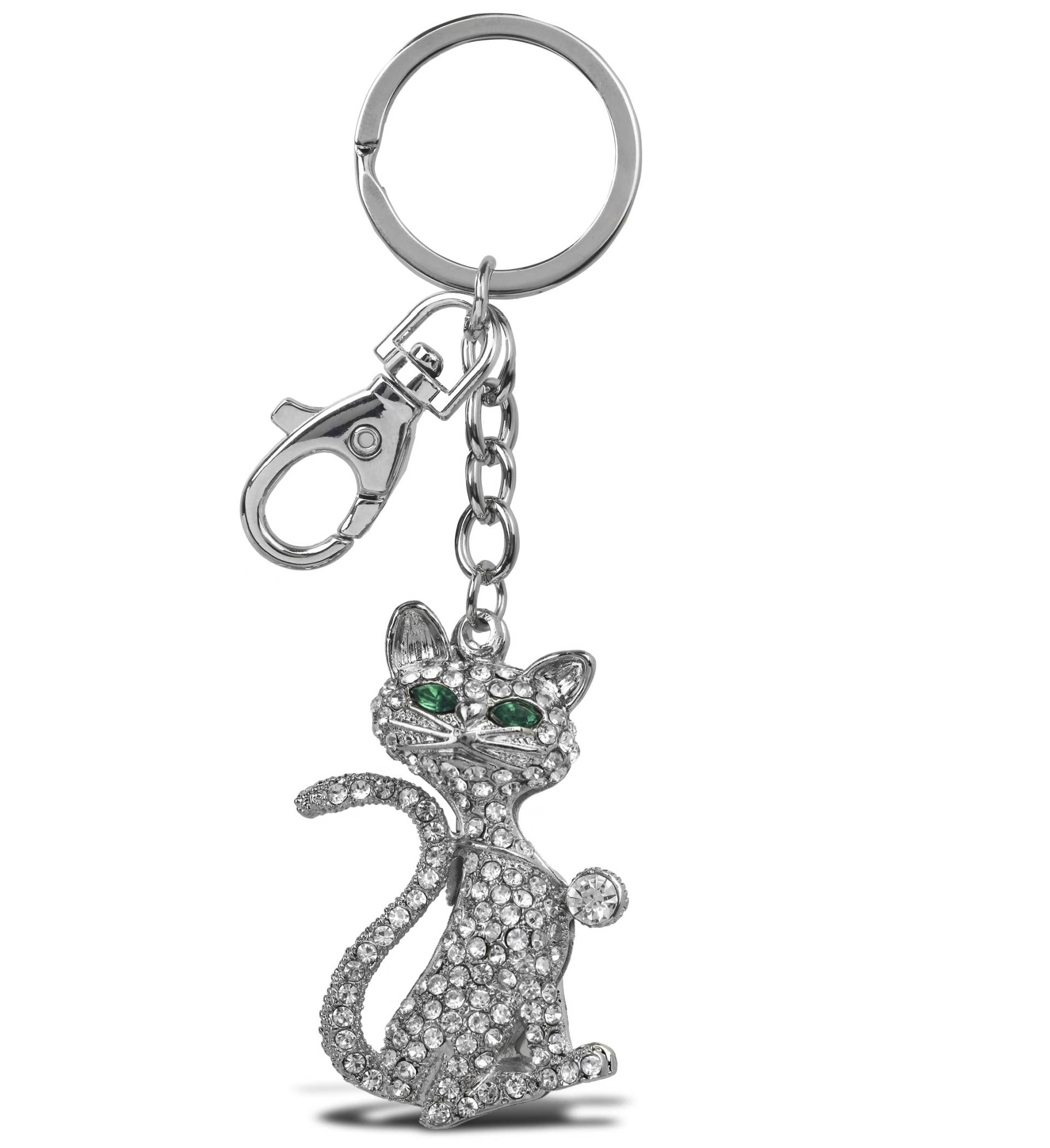 Aqua79 Eleganter Katzen-Schlüsselanhänger – silberfarbener 3D-Glitzer-Charm-Strass-Steine, modische stilvolle Metalllegierung, langlebiger Schlüsselring, glitzernder Kristall, Schmuckzubehör mit von Aqua79