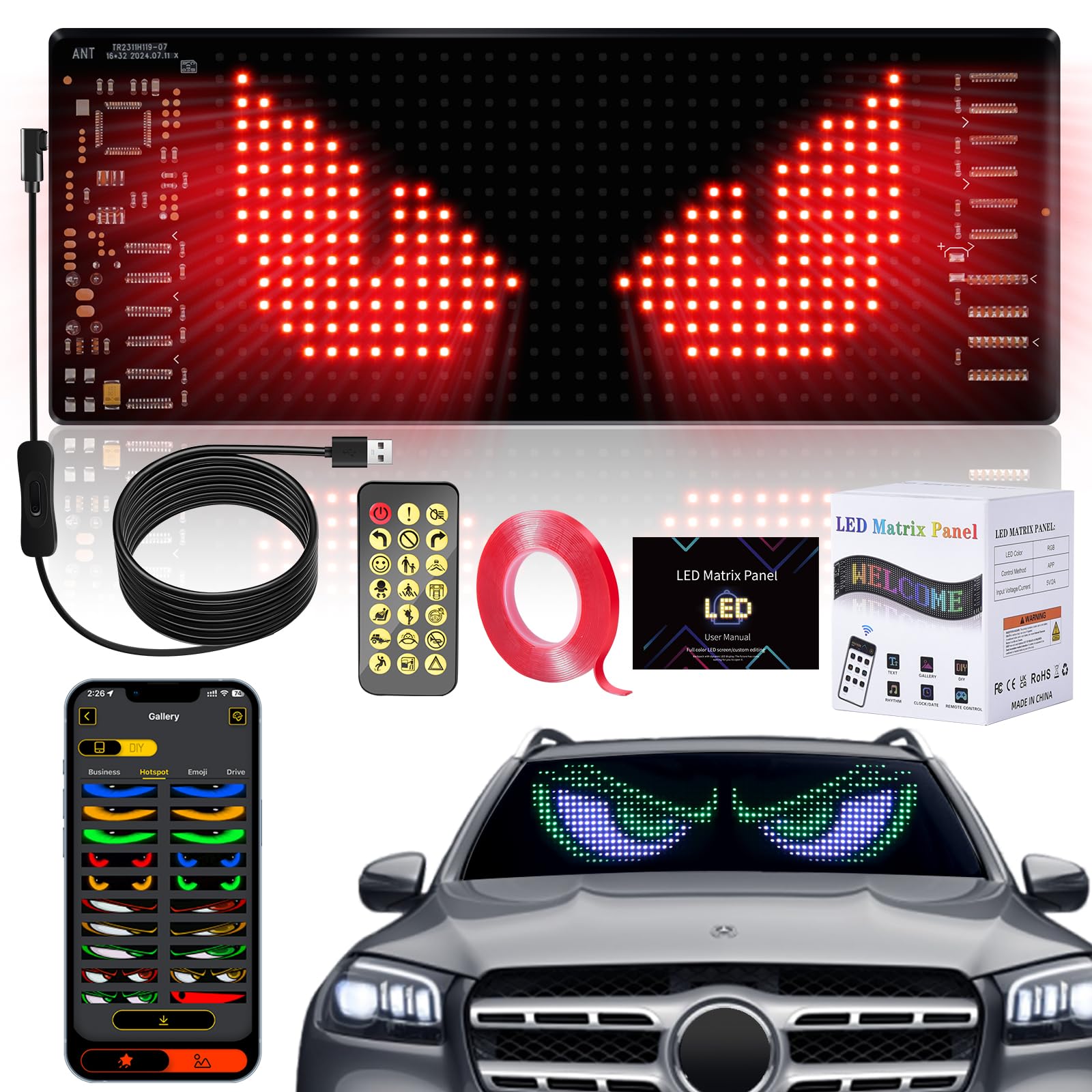 Aragallant LED Augen für LKW, Eyes Light For Cars, Programmierbar Led Laufschrift Led Anzeige, Augen Teufelsaugen-Lichter für Autos, LKW, Smart App Bluetooth(16 * 64) von Aragallant