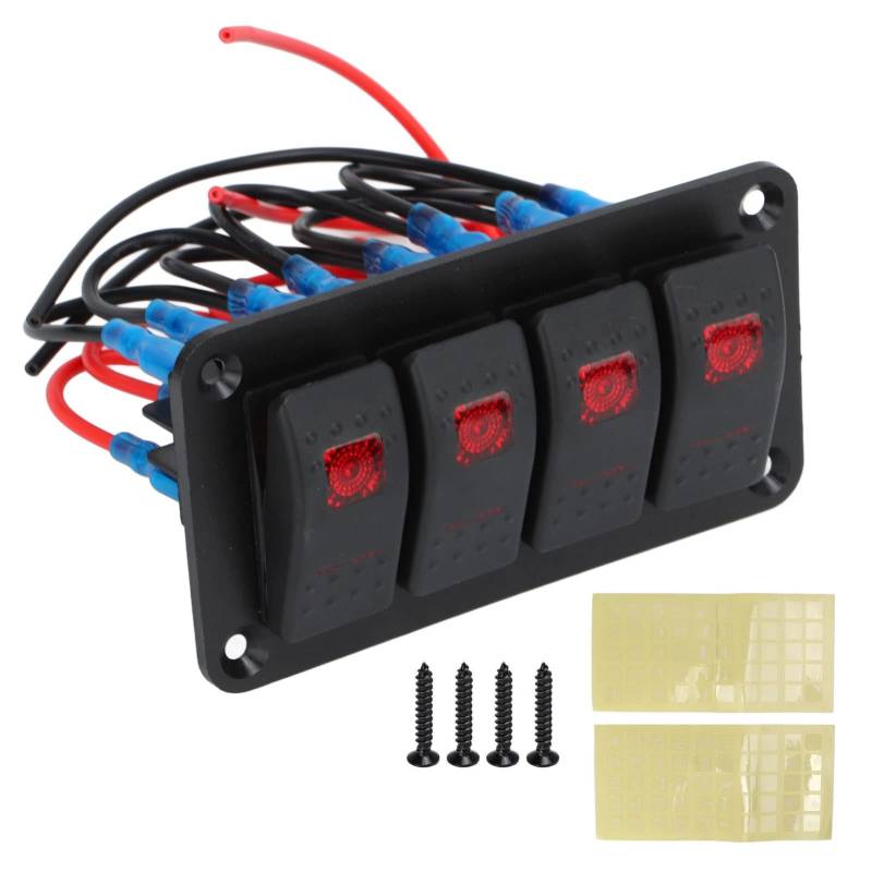 Aramox Rocker Switch Panel, Rocker Switch Panel 4 Gang Red Prewired Rocker Switch with 2PCS Sticker for Automotive Ship 12V 20A 24V 10A von Aramox