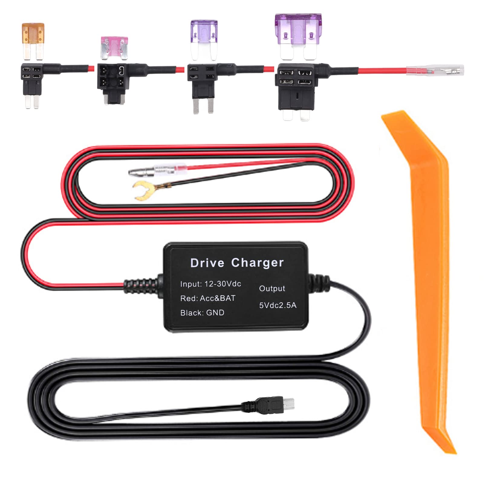 Dashcam Hardwire Kit, Mini USB Hardwire Kit für Dashcam, 12-30V Bis 5V Auto Dashcam Hardwiring Kit mit Sicherung für GPS Navigator (MINI) von Aramox