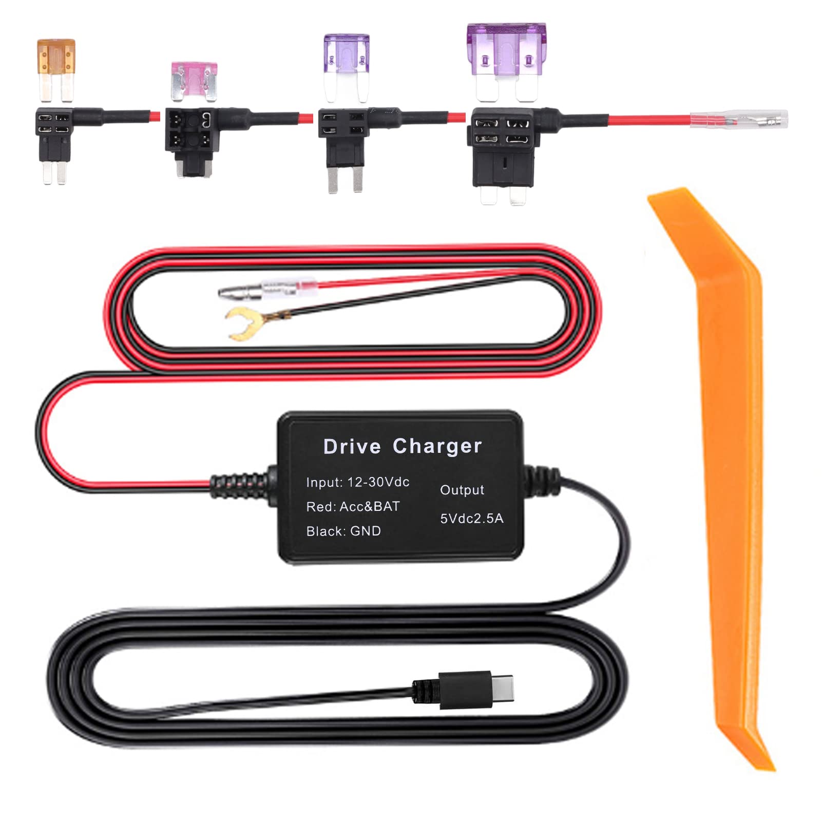 Dashcam-Kabelsatz mit Sicherung, Mini USB Hardwire Kit für Dashcam, 12-30V Bis 5V Auto Dashcam Hardwiring Kit mit Sicherung für GPS Navigator, Dashcam Hardwire-Kit(TYP C) von Aramox