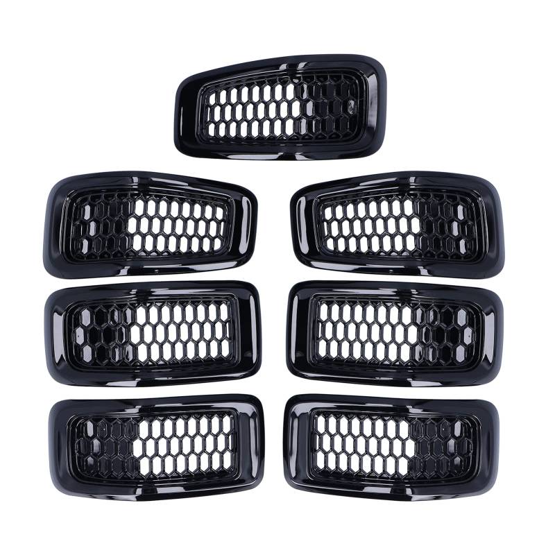 Kühlergrilleinsatz, 7pcs Auto Kühlergrill Einsätze Grill Guard Trim Zubehör Fit für Jeep Cherokee 2014-2018(Strahlend schwarzer Rahmen) von Aramox