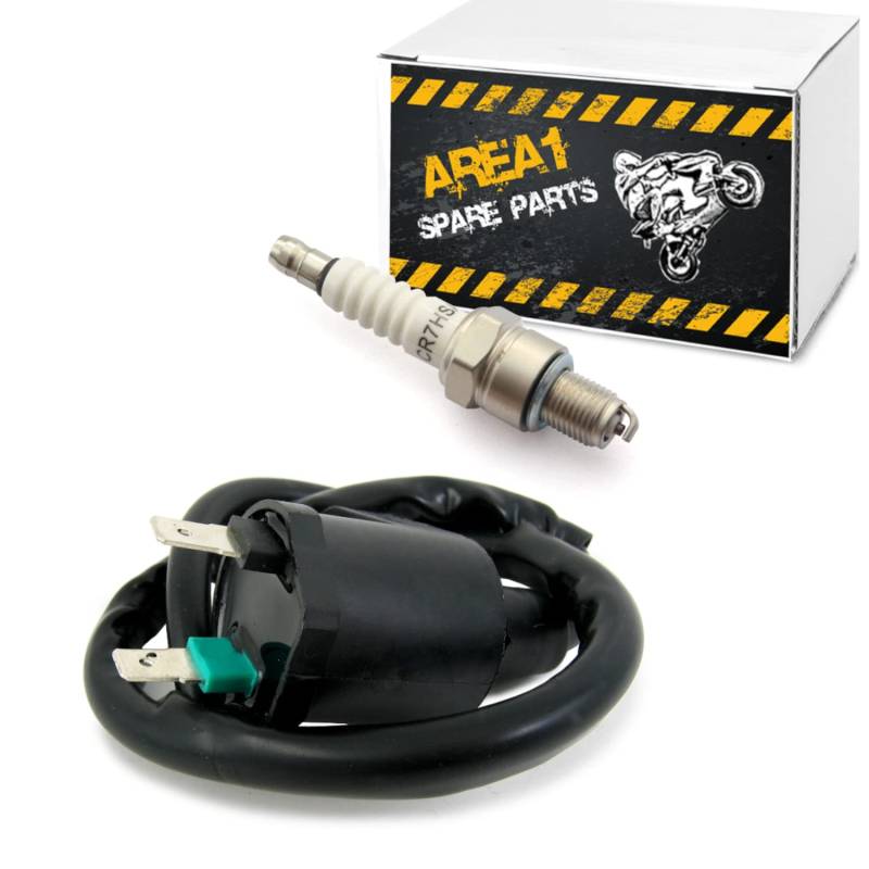 Area1 Ersatz Zündspule + Zündkerzenstecker + Zündkerze Typ CR7HSA GY6 50/125/150ccm 4Takt 139 QMB/QMA Kompatibel mit AGM GT Union Luxxon Rivero von Area1