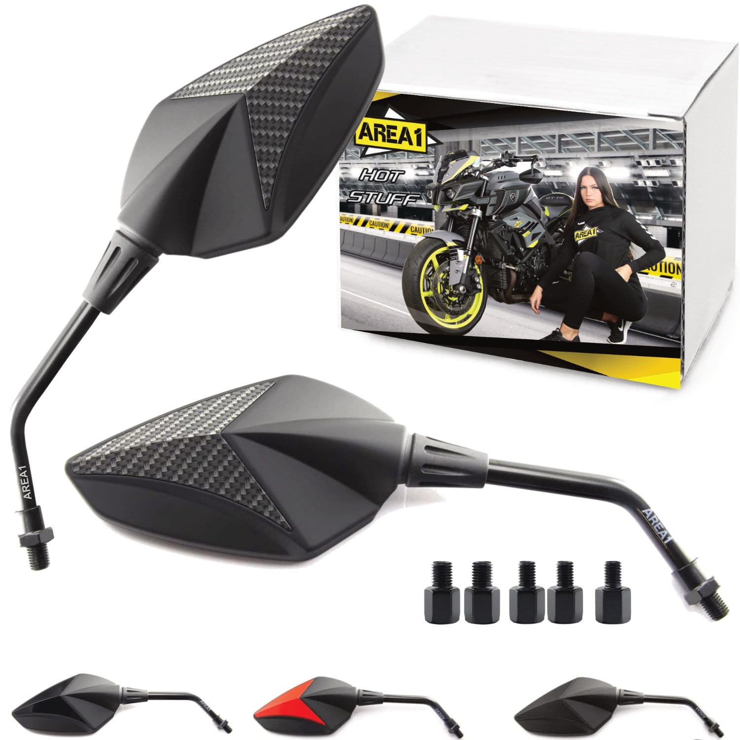 Area1 Premium Rückspiegel Spiegel Paar e-geprüft, carbon, M10 Rechts+Linksgewinde. Kompatibel mit Yamaha MT03 MT07 MT09 MT10 MT125 Tracer XT 1200 Tenere FZ6 FZ8 FZ1 XJ6SP Vmax Xmax Nmax WR (XCA) von Area1