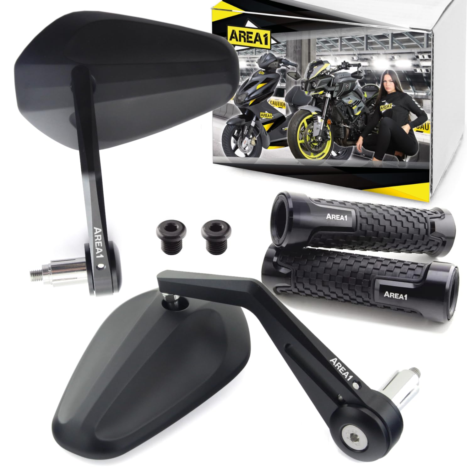 Area1 Styling Set - Motorradspiegel CNC Lenkerenden Motorrad Rückspiegel Set (Rechts+Links) + Motorradgriffe + Gewindeabdeckung, e geprüft (Oval (LS333)) von Area1