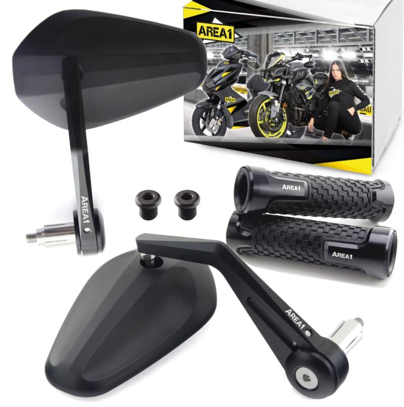 Area1 Styling Set - Motorradspiegel CNC Lenkerenden Motorrad Rückspiegel Set (Rechts+Links) + Motorradgriffe + Gewindeabdeckung, e geprüft (Oval (LS333)) von Area1