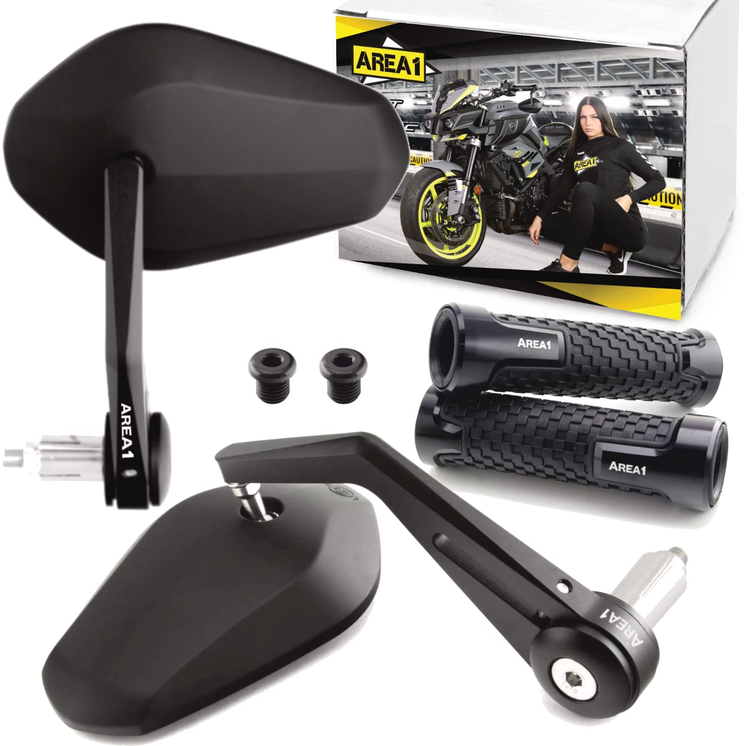 Area1 Styling Set - Motorrad Lenkerenden Spiegel Set e-geprüft + Gewindeabdeckung + Lenkergriffe. Kompatibel mit Mondial LS1S3 von Area1