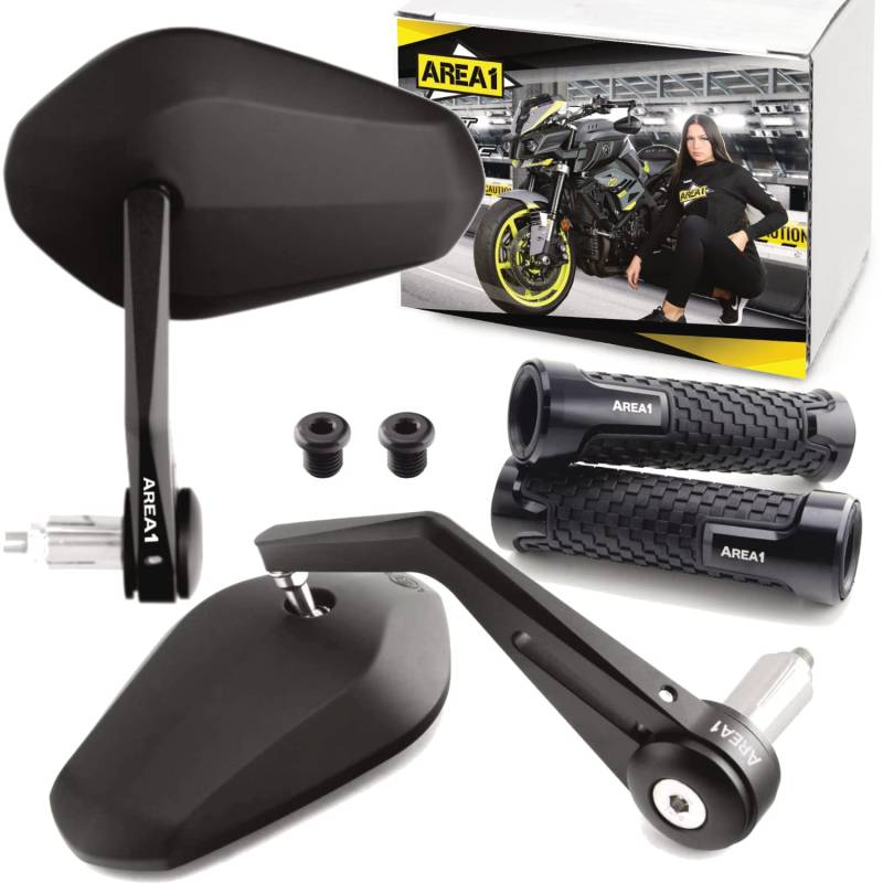 Area1 Styling Set - Motorrad Lenkerenden Spiegel Set e-geprüft + Gewindeabdeckung + Lenkergriffe. Kompatibel mit Mondial LS1S3 von Area1
