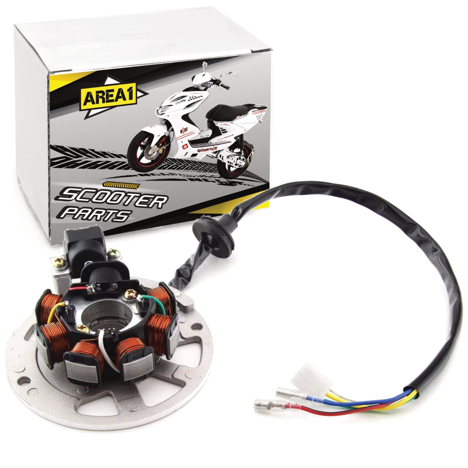 Area1 Ersatz Lichtmaschine Stator für 50ccm. Kompatibel mit Yamaha Aerox, Neos, Jog, MBK, Nova Motors RS Ultima GT Union Benero Adly Her Chee, Malaguti F10 F12 F15, Aprilia SR/Scarabeo (Minarelli) von Area1