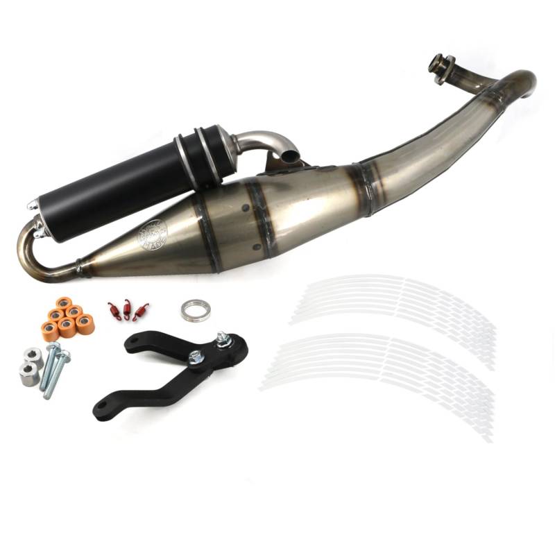 Leovince TT Sport Auspuff mit Area1 Schalldämpfer Schwarz passend für 50ccm 2Takt Piaggio TPH Zip NRG mc2 mc3 Power Liberty Free Aprilia SR 50 R Racing Sport Street Sportcity + Gratis Felgenaufkleber von Area1