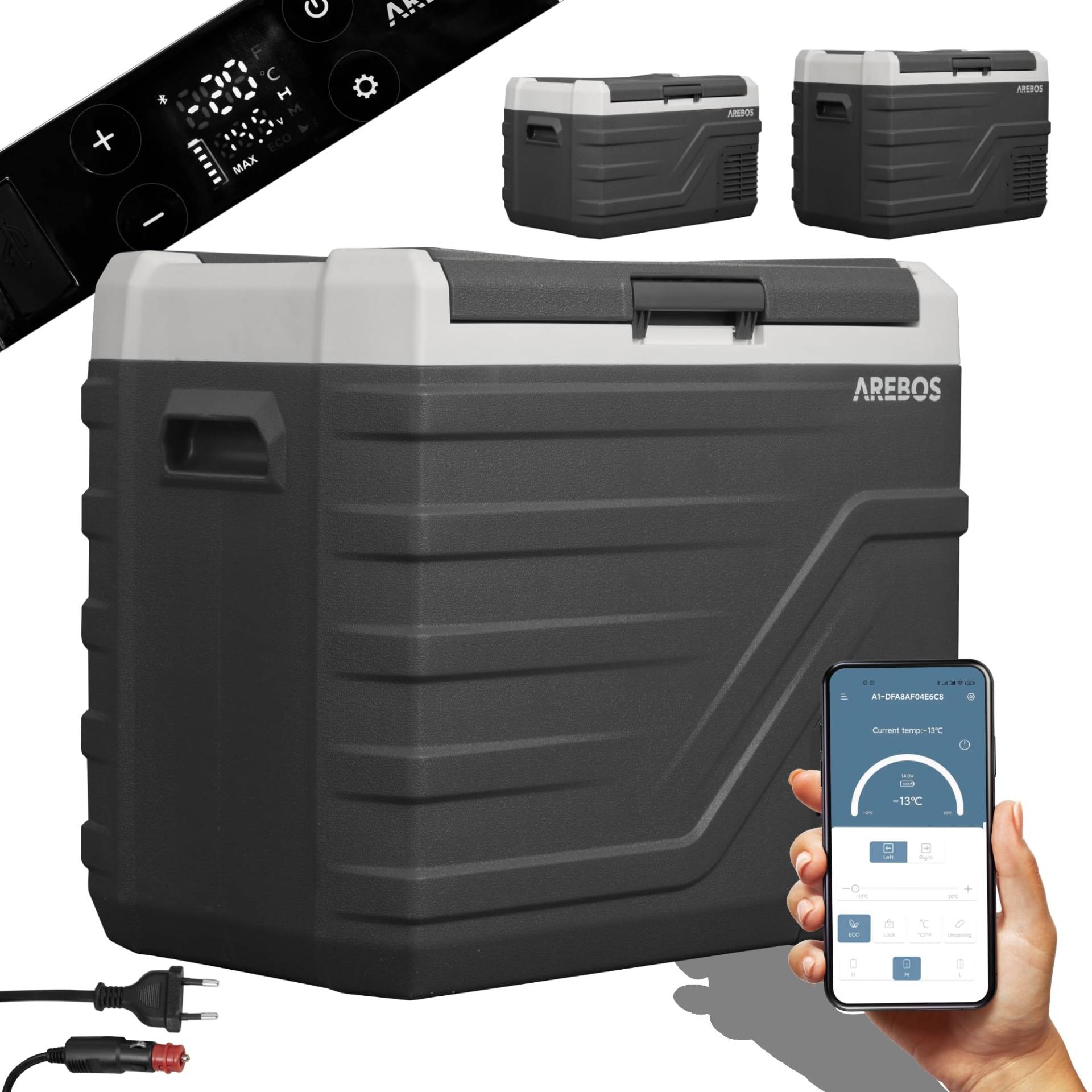 Arebos Kompressor Kühlbox 43 Liter | Elektrische Gefrierbox mit APP-Steuerung zum Kühlen, Einfrieren und Warmhalten | Kühlschrank bis -20 °C | Auto Kühlbox mit USB-Anschluss, 12/24 V 230V | Anthrazit von Arebos