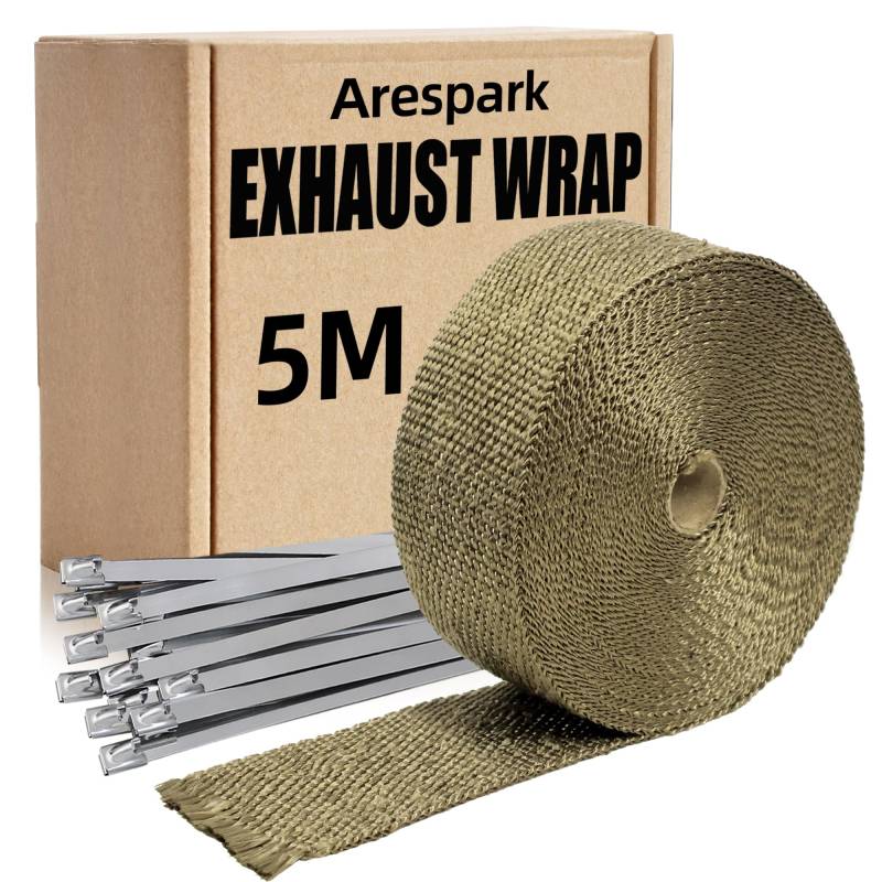 Hitzeschutzband Auspuff, Arespark 5M Titan Hitzeschutzband aus Basaltfaser, Golden Auspuffband mit 10 Kabelbinder Edelstahl, für Auspuffkrümmer von Motorrädern und Autos von Arespark