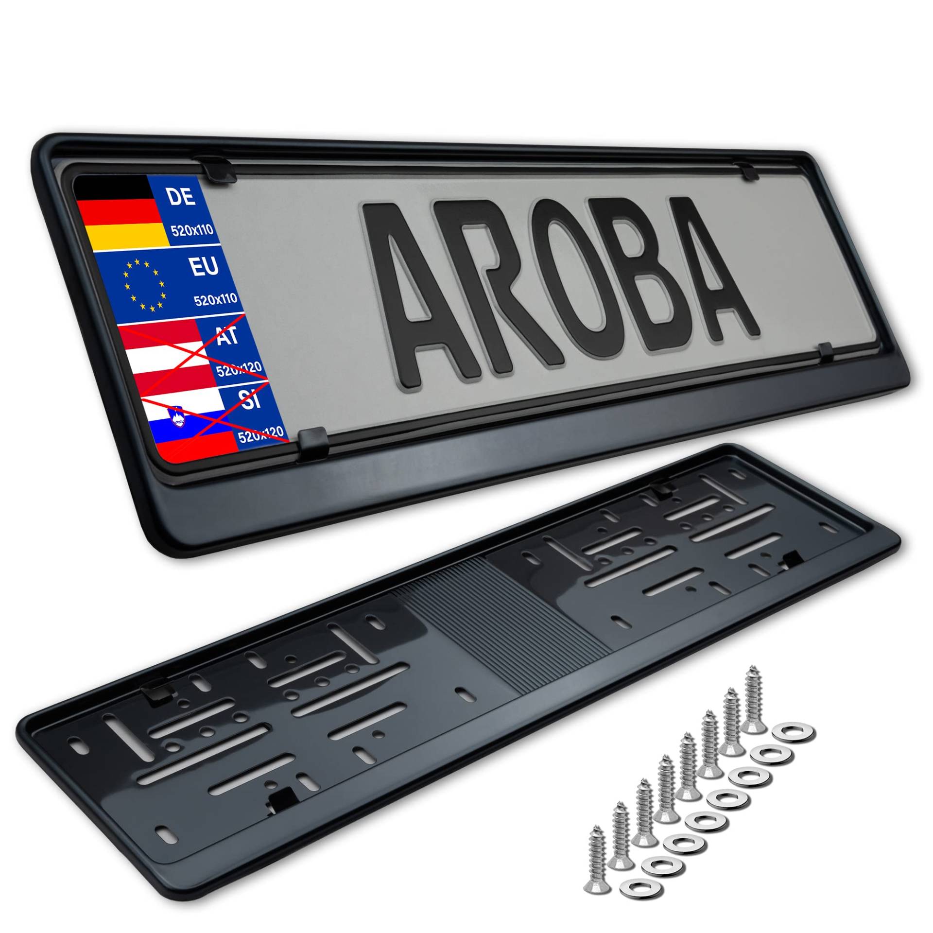 2X Premium Auto Kennzeichenhalter 100% Edelstahl SCHWARZ poliert (Black Chrome) für Deutschland und EU (Kennzeichen der Größe 520mm x 110mm) Nummernschildhalter Kennzeichenrahmen INOX V2A von AROBA