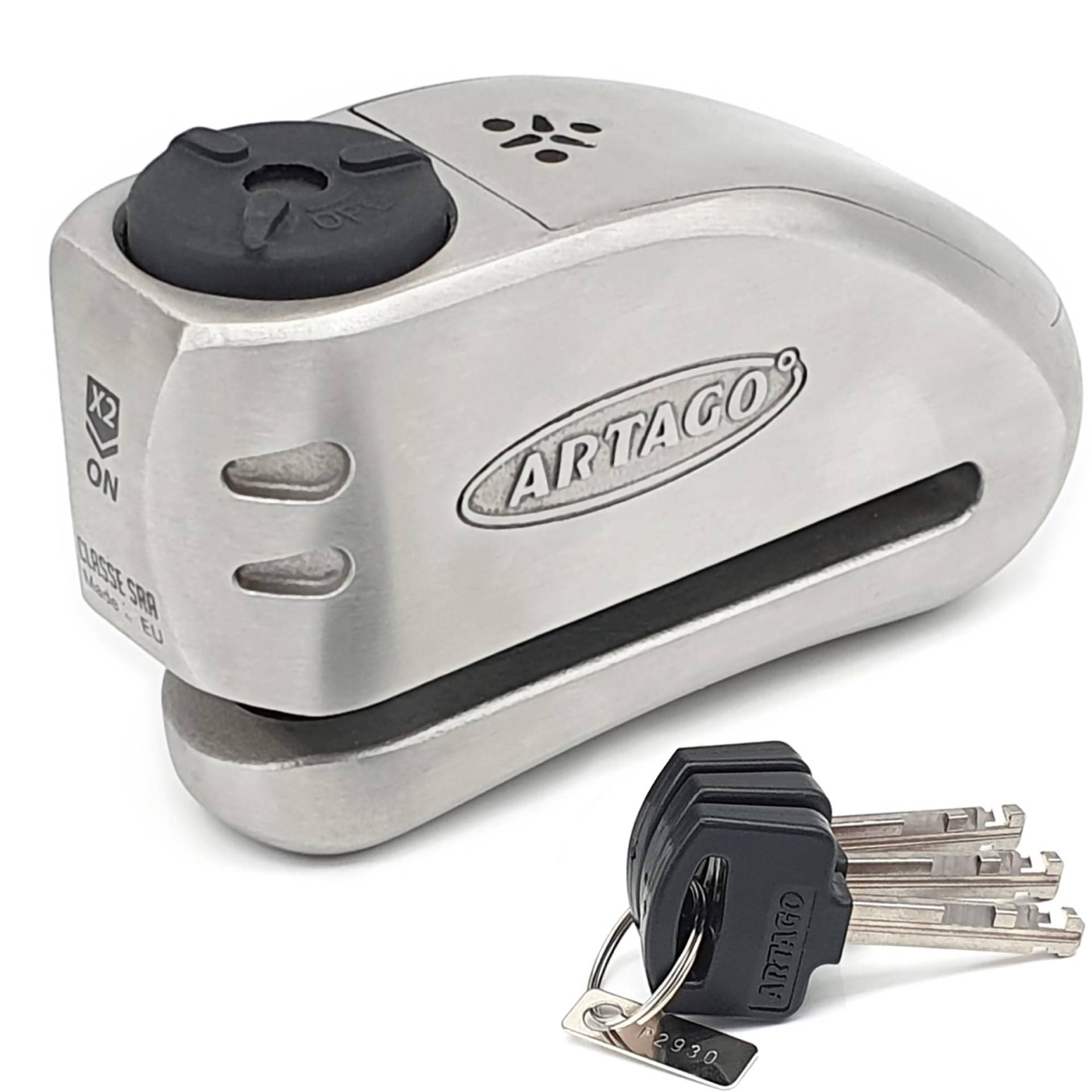 Artago 32 High-End Bremsscheibenschloss Motorrad Ohne oder Mit Alarm 120 dB + Don't Touch Warnung, Exklusives SAA-Dreifachverschluss-System, 5 mm Bohrschutz, SRA Geprüfte BUNKER SELECTION, inox Artago 32 High-End Bremsscheibenschloss Motorrad Ohne oder Mit Alarm 120 dB + Don't Touch Warnung, Exklusives SAA-Dreifachverschluss-System, 5 mm Bohrschutz, SRA Geprüfte BUNKER SELECTION, inox von Artago