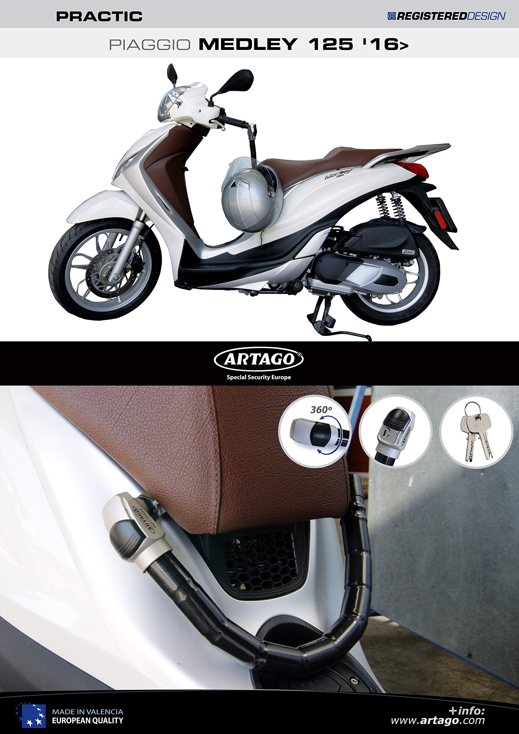Artago 1638STY Motorrad Lenker Schloss Diebstahlsicherung Practic Style + Halterung für Piaggio Medley ab 2016 von Artago