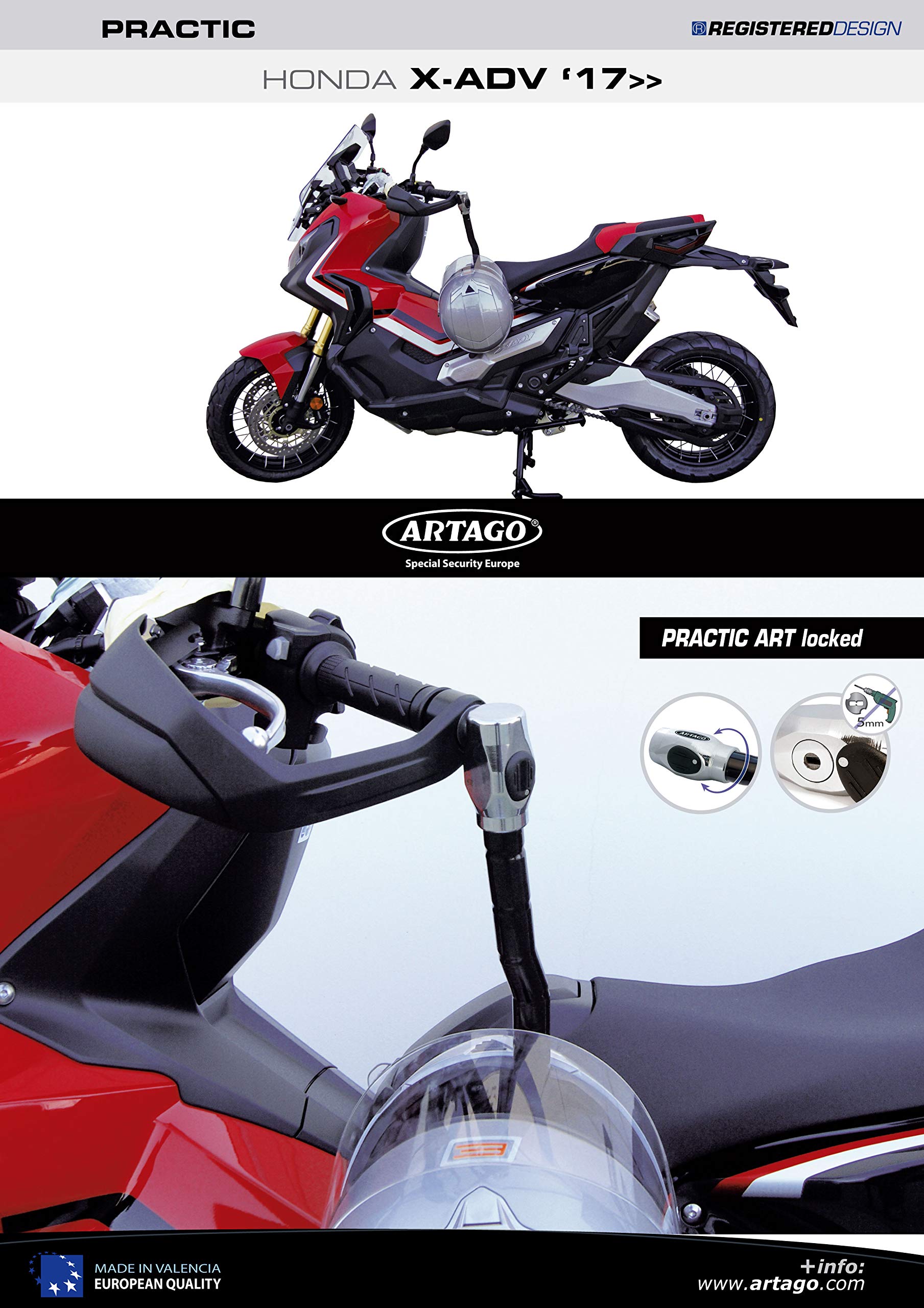 Artago 1651ART Diebstahlsicherung Motorrad Lenker Practic Art, Hochwertig + Halterung für Honda X-ADV 17 ab von Artago