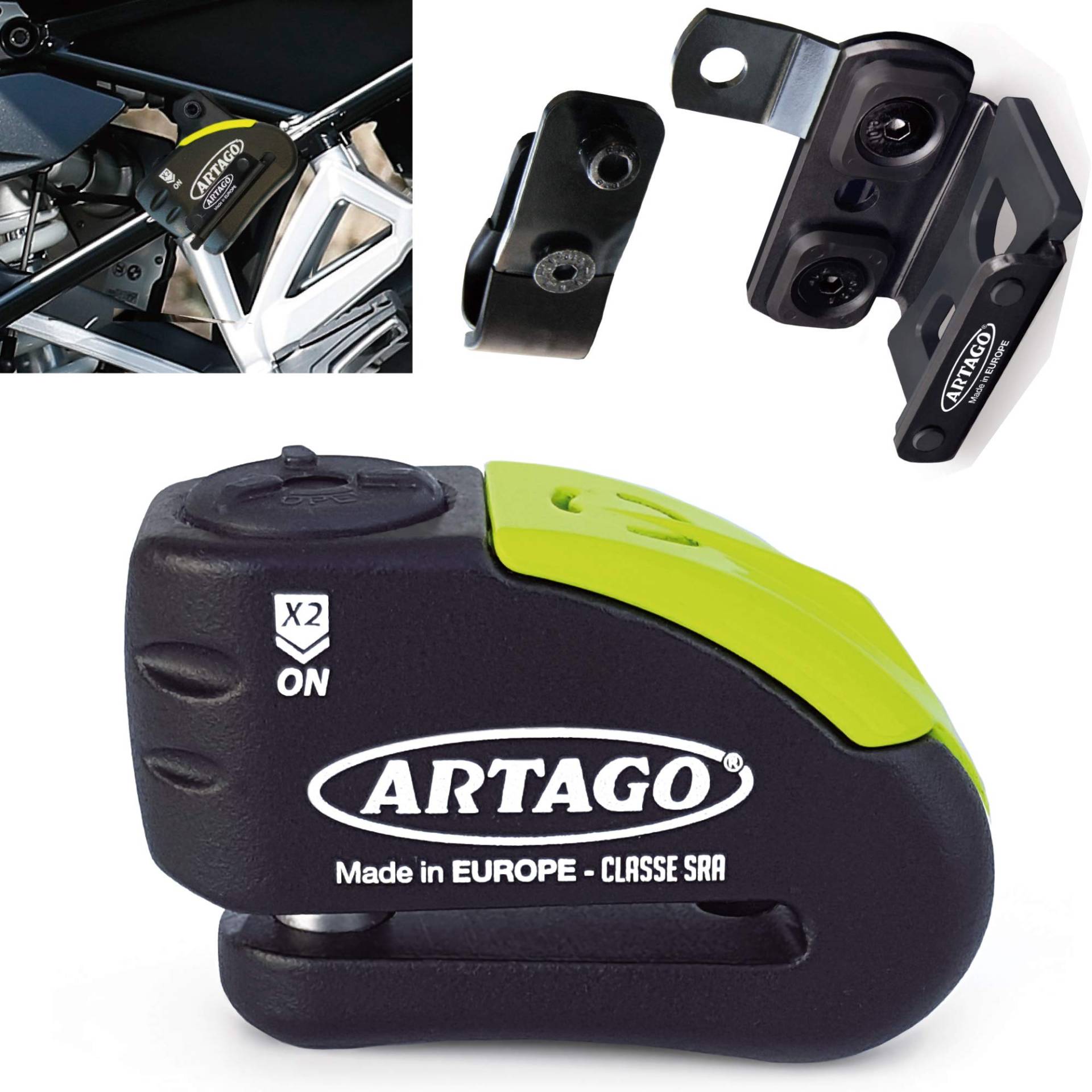 Artago 30X1 Pack Bremsscheibenschloss mit Alarm 120db Hohe Sicherheit + Halterung für BMW (R1250GS, R1200GS, F850GS, F750GS, F700GS, G310GS, F900XR), SRA und Sold Secure Gold homologiert, Schwarz/gelb von Artago