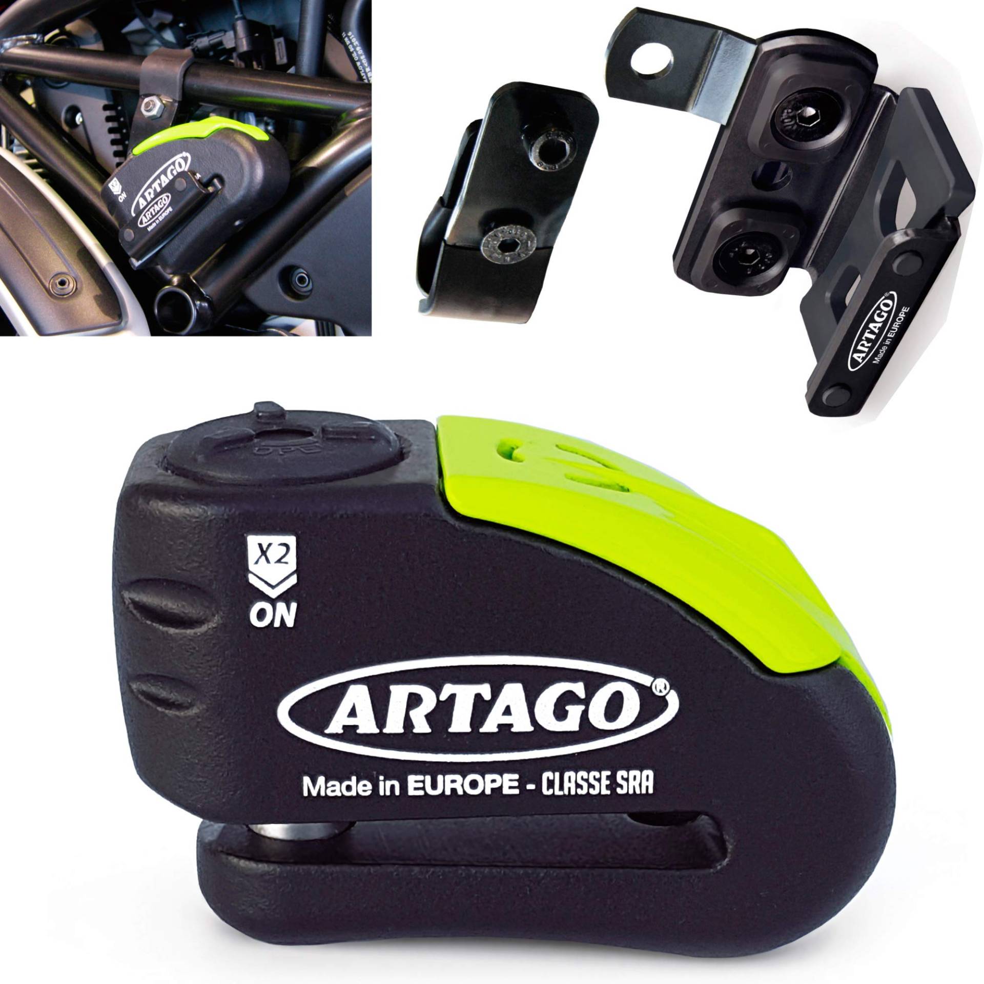 ARTAGO 30X5 Pack Bremsscheibenschloss mit Alarm 120db Hohe Sicherheit + Halterung für Ducati Monster Diavel, SRA und Sold Secure Gold homologiert von Artago
