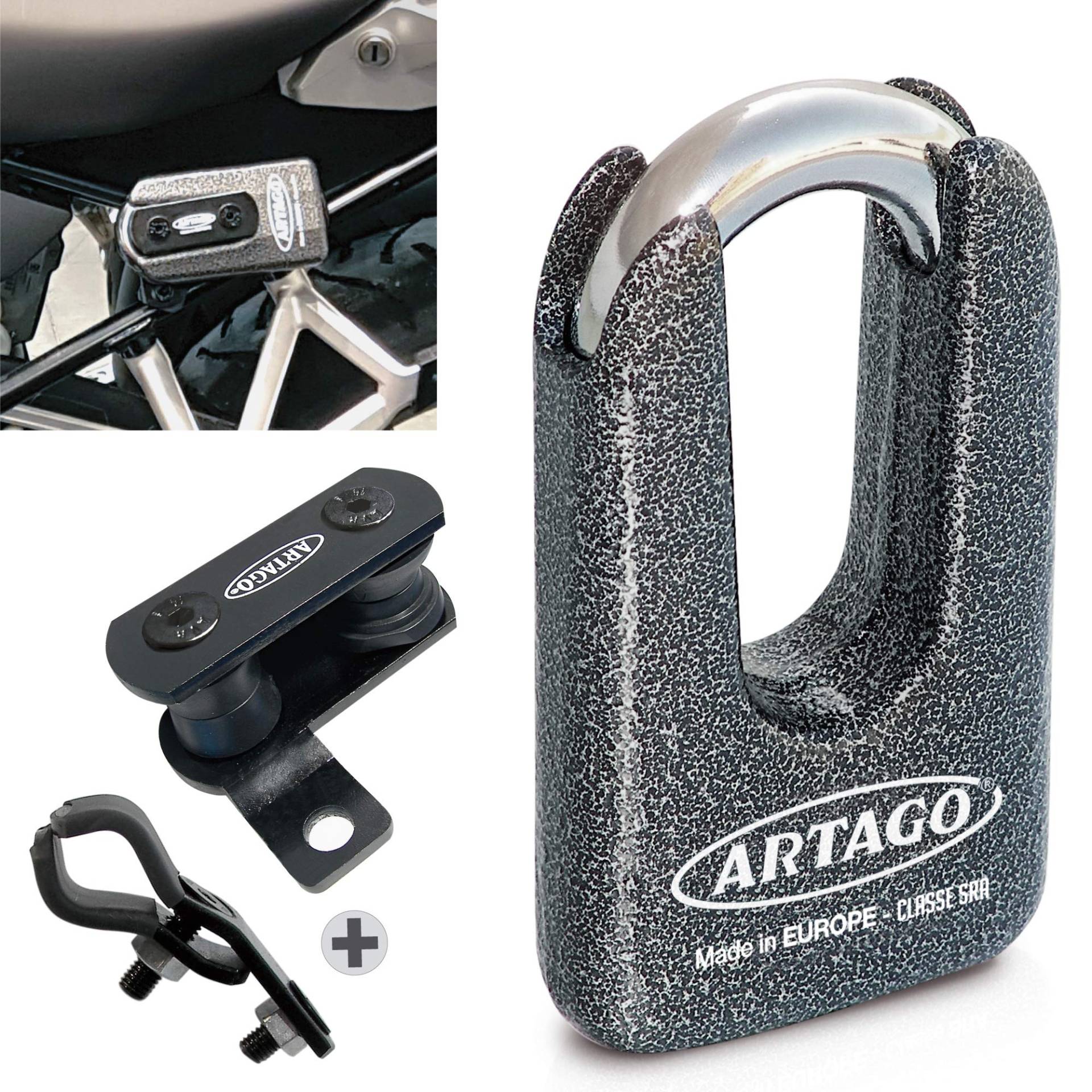 Artago 69T1 Pack Bremsscheibenschloss Diebstahlsicherung Hohe Sicherheit + Halterung für BMW (R1250GS, R1200GS, F850GS, F800GS, F750GS, F700GS, G310GS, F900XR), Homologiert SRA, Sold Secure Gold, ART4 von Artago