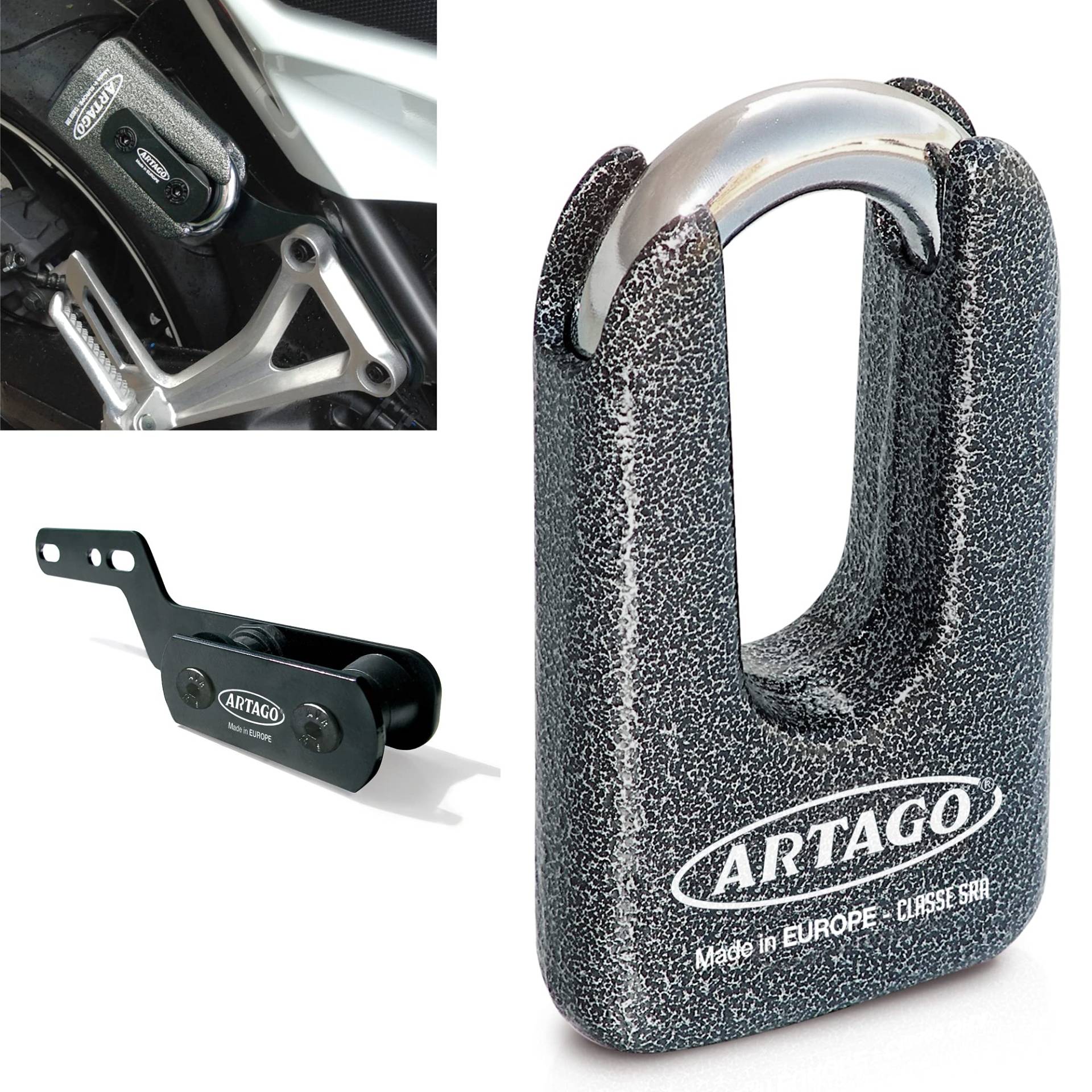 Artago 69T7 Pack Bremsscheibenschloss Diebstahlsicherung Hohe Sicherheit + Halterung für Honda CB650F und CBR650F, Homologiert SRA, Sold Secure Gold, ART4 von Artago