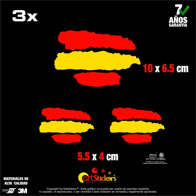 Artstickers Aufkleber Spanien Flagge, Aufkleber, Vinyl, 3 Stück (1 Stück) 10 x 6,5 cm, 2 Stück. 5,5 x 4 cm Geschenkaufkleber Spilart, Marke Registriert von Artstickers
