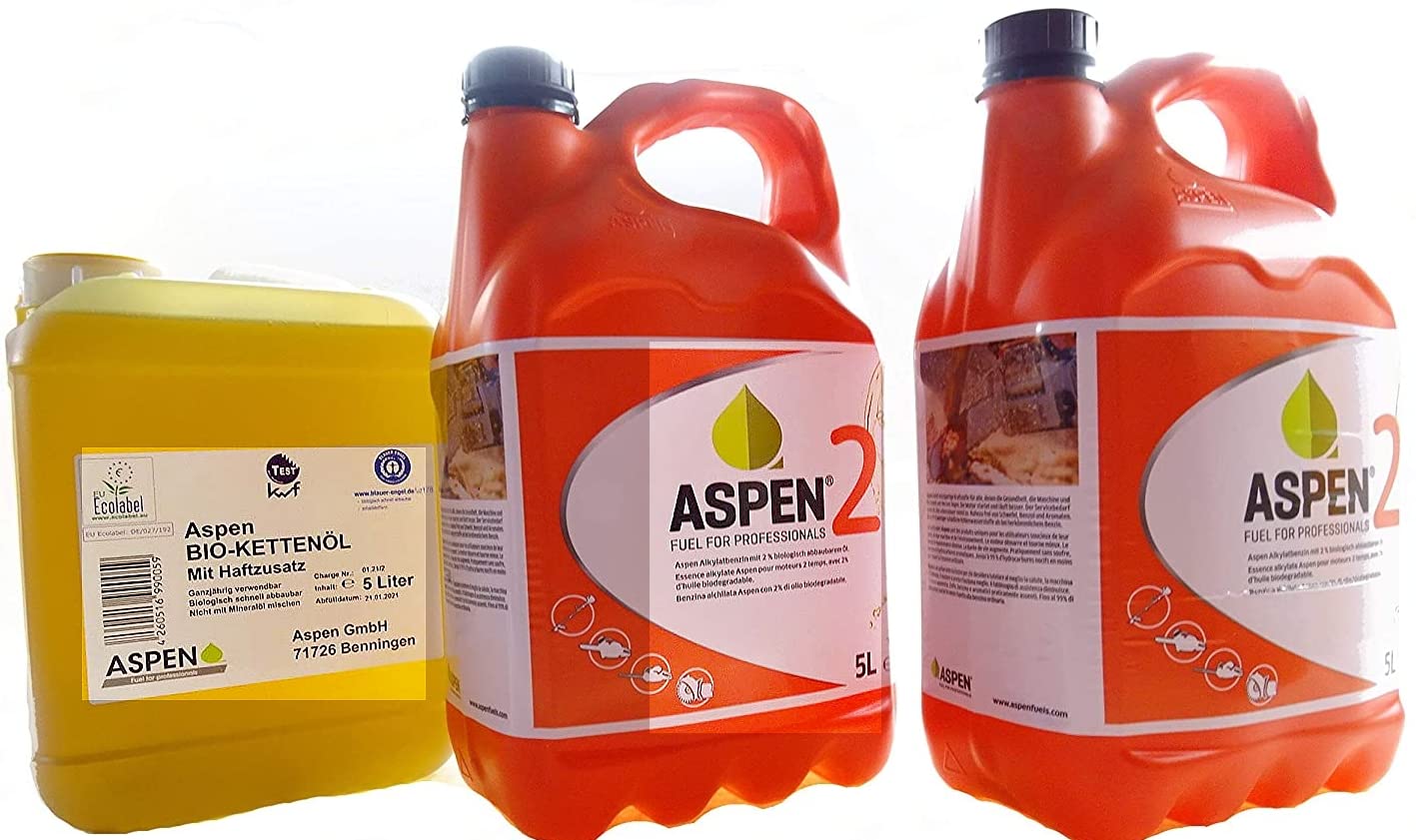 Aspen 10L 2-Takt Alkylatbenzin mit 5L Bio Kettenöl von Aspen