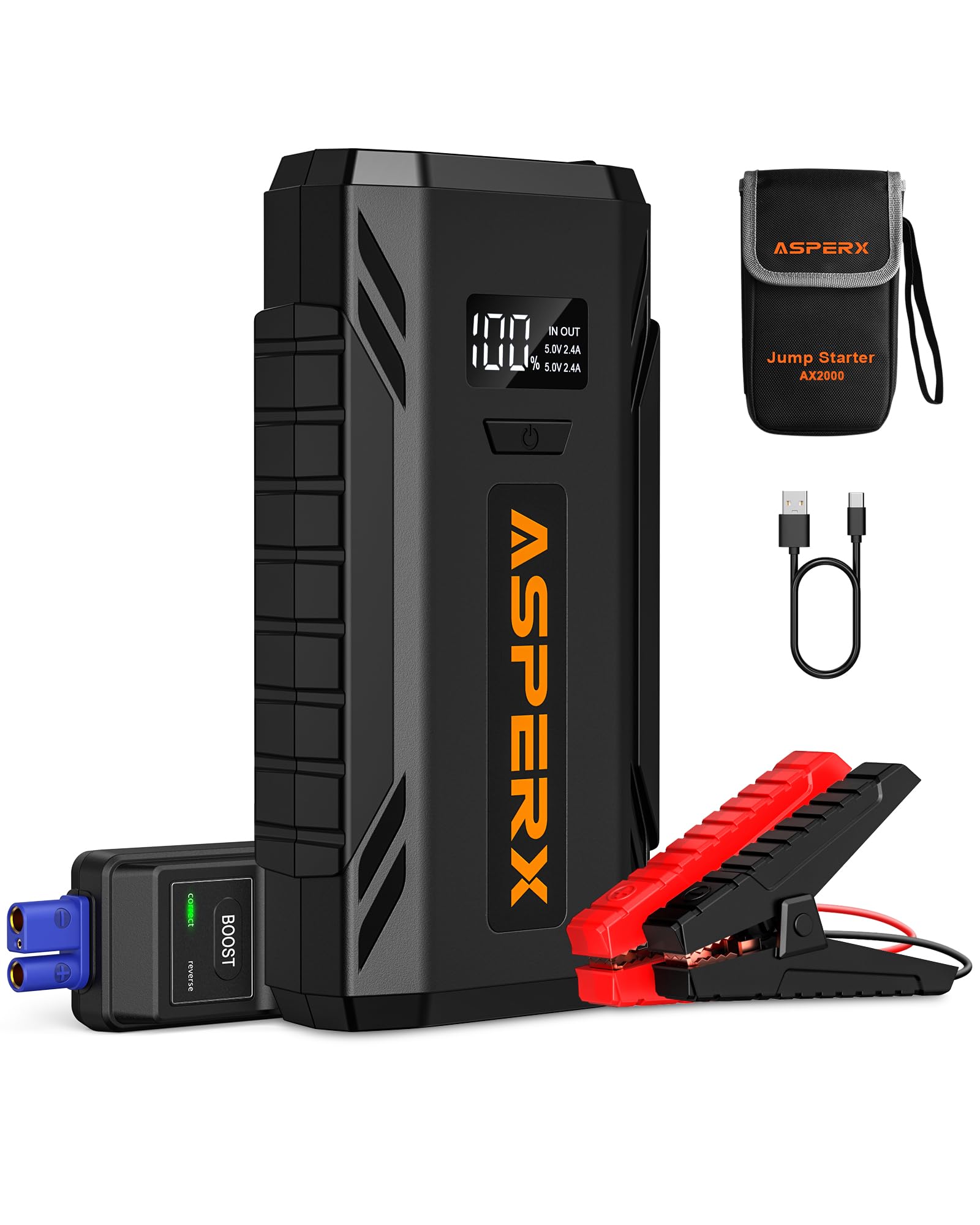 AsperX Booster Autobatterie 2000A, tragbares 12V Autobatterie-Ladegerät (bis zu 8,0L Gas oder 6,5L Diesel), Starterbatterie mit LED-Lampe und 1,4-Zoll-LCD-Bildschirm von AsperX