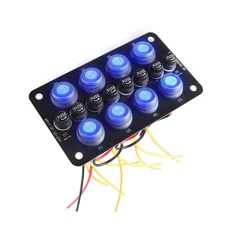Asudaro 10 Gang Wasserdicht Wippschalter Panel mit 10A Sicherung 12-24V Blau LED Kippschalter Panel Schalttafel Ein/Aus-Schalter für Auto Marine Boot SUV LKW Yacht RV, Schwarz von Asudaro