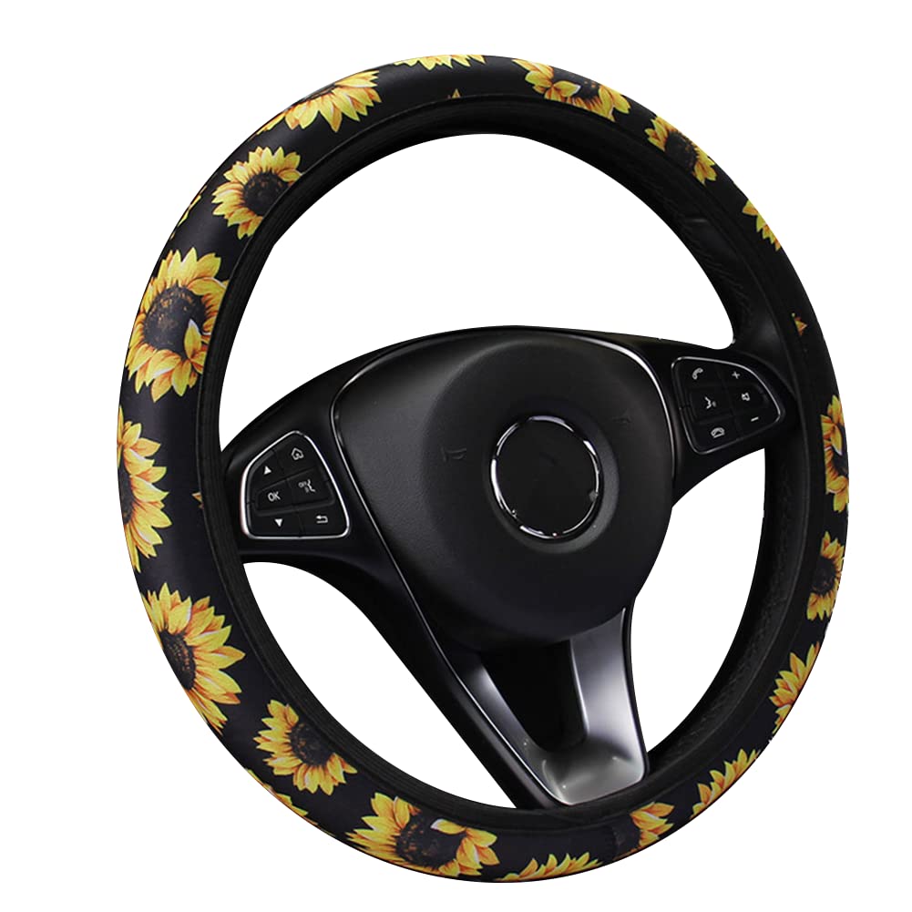 Auto Lenkradbezug mit Blumendruck,Asudaro Auto Lenkradhülle 37-39cm Auto Lenkrad Schutz Blumen Atmungsaktiver Rutschfester Lenkradbezug Universal-Lenkrad-Abdeckung für Frauen Interieur,schwarz A von Asudaro