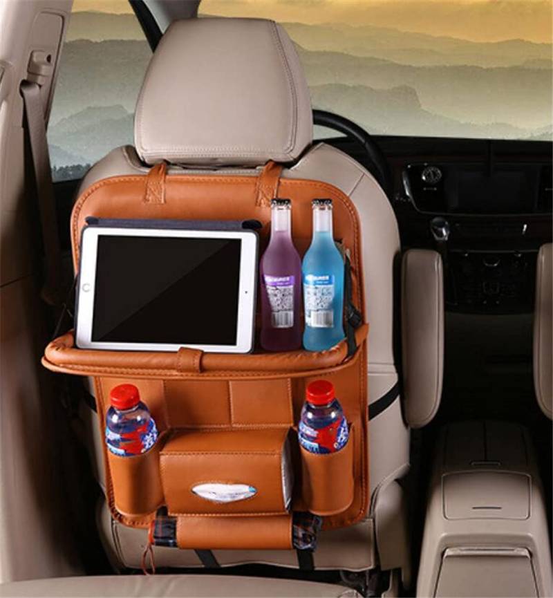 Asudaro Auto Rücksitz Organizer, Braun, Praktisch-Klassisch, Auto Organizer, 4, PU-Leder, 57 cm x 42 cm, 8 Taschen, Klapptisch, Verstellbar von Asudaro