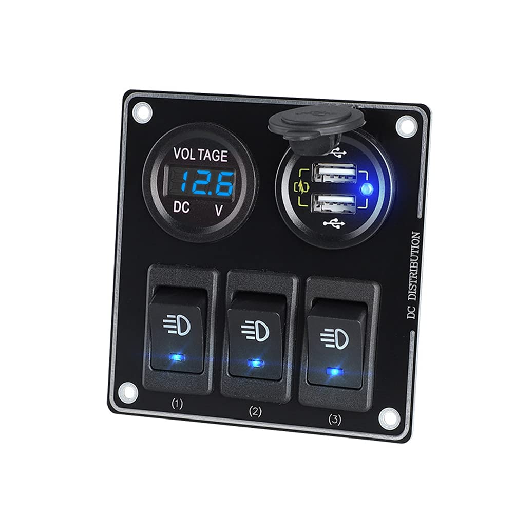 Schalter Panel mit Dual USB Ladegerät, Asudaro 12V-24V Schalter Panel ON-OFF Kippschalter Panel Wasserdichte LED Voltmeter für Auto Marine Boot Wohnmobil Fahrzeuge LKW Schaltkreis Steuerung,Blau von Asudaro