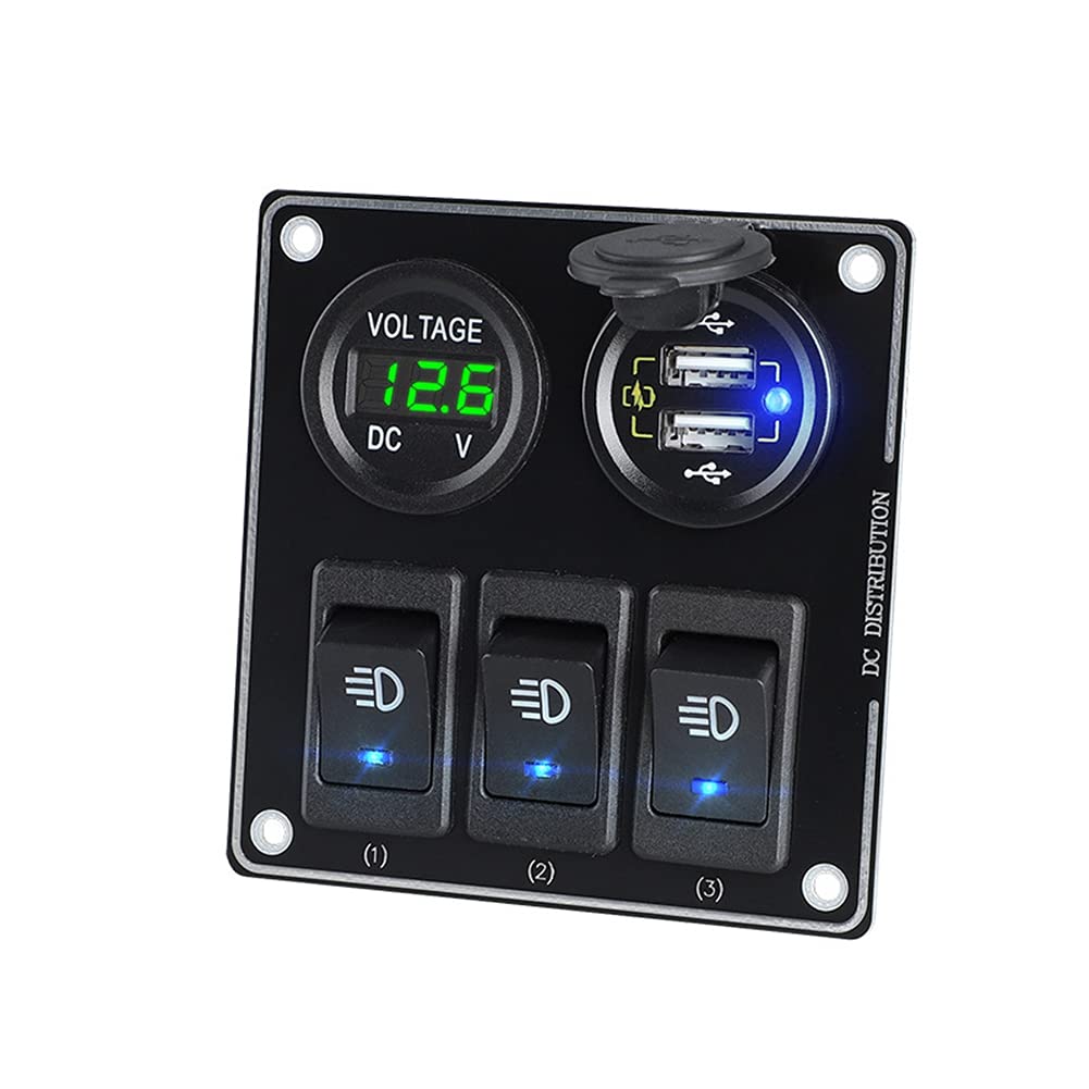 Schalter Panel mit Dual USB Ladegerät, Asudaro 12V-24V Schalter Panel ON-OFF Kippschalter Panel Wasserdichte LED Voltmeter für Auto Marine Boot Wohnmobil Fahrzeuge LKW Schaltkreis Steuerung,Grün von Asudaro