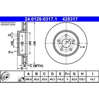 Bremsscheibe ATE 24.0128-0317.1 vorne, belüftet, 1 Stück Bremsscheibe ATE 24.0128-0317.1 vorne, belüftet, 1 Stück von Ate