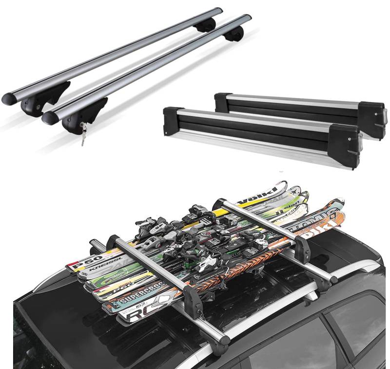 Dachträger aus Aluminium + Skihalter, 6 Paar Ski oder 4 Snowboards für SKODA OCTAVIA III STATION WAGON (5E) ab 2013 bis 2019 mit offenem Railing von Au Co